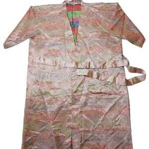 Vintage Double Peach Floral Kimono Robe M Pink Silk Loungewear Belted